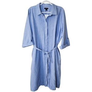 Lands End Linen Blend Shirt Dress Womens 22W Chambray Blue Belted